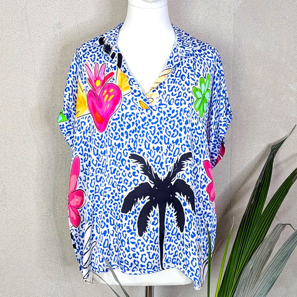 Palms, flowers and winged hearts viscose satin feel animal top (M)