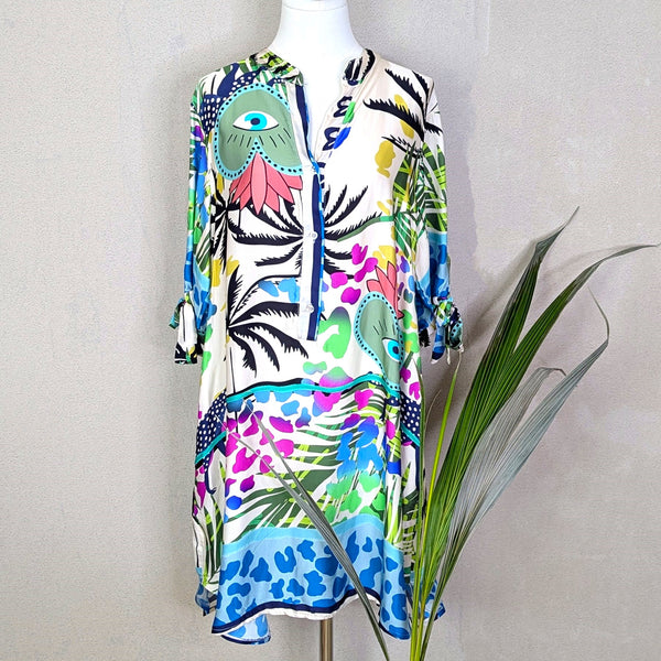 Viscose satin feel palms, eyes and animal fusion print half button down dress with pockets (M-L)