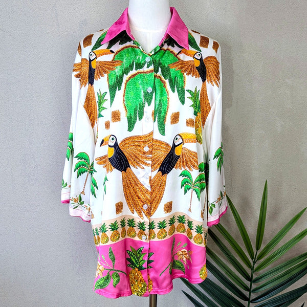 Rayon mix satin feel flying toucans tropical shirt with block border detail (M-L)