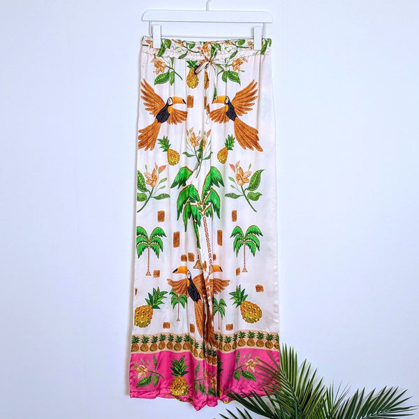 Rayon mix satin feel flying toucans tropical trousers with block border detail (M-L)