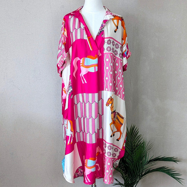 Luxe 'Hermes' style horse print stylish silk viscose blend open neck shirt dress with pockets (L-XL)