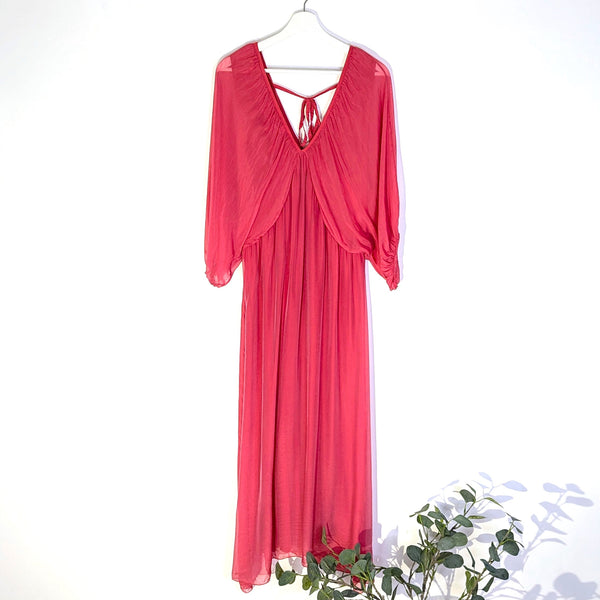 Draped effect V-neck and back with tie silk blend goddess dress