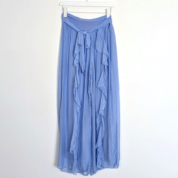 Silk blend straight leg trousers with central frill detail and jersey waist band