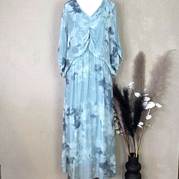 Draped effect V-neck shaded print silk blend goddess dress