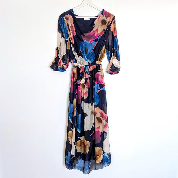 Water colour flower print silk blend dress with elasticated waist with tie and draped neckline