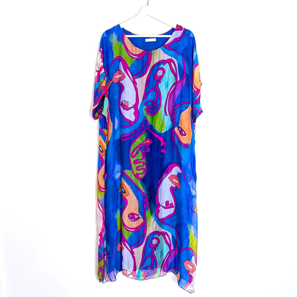 'Picasso' style face print silk blend tunic dress with comfortable undergarment