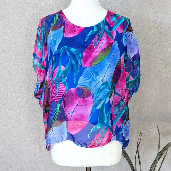 Psychedelic tropical leaves silk blend boxy top (M)