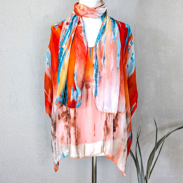 Water colour tie dye fusion print silk blend free size top with combo scarf
