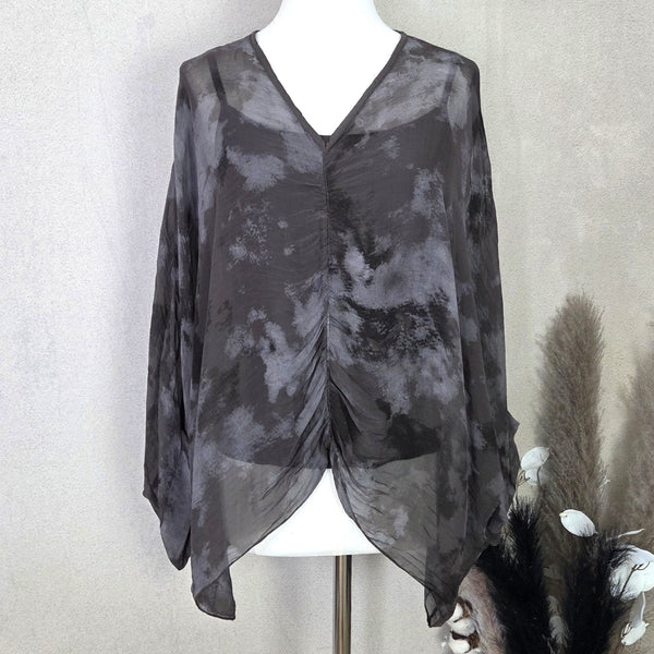 Silk blend box V-neck top with central ruched detail (M-L)