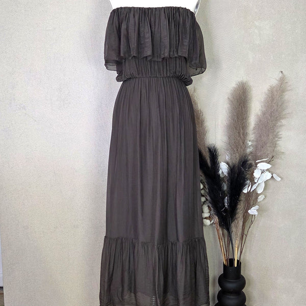 Silk blend classic Bardot dress with shape tier hem and elasticated waist (M)