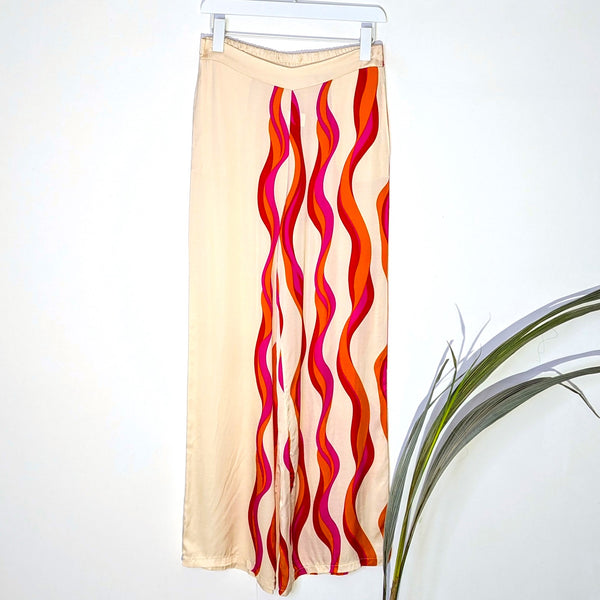 Luxe silk viscose blend straight leg pants with fashionable partial vertical wave print and pockets
