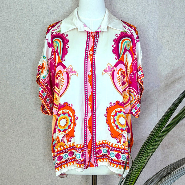 Silk viscose blend luxe button down top with vibrant Indonesian style print