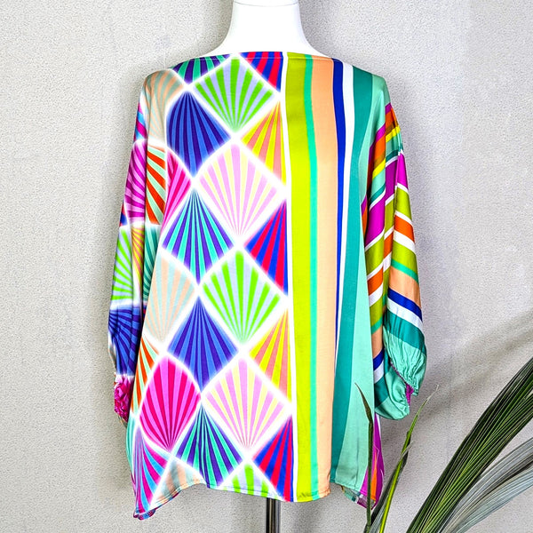 Kaleidoscope of colour silk viscose blend free size top with elasticated sleeves