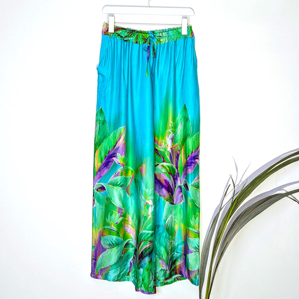 Silk viscose blend straight leg pants with psychedelic foliage print and pockets