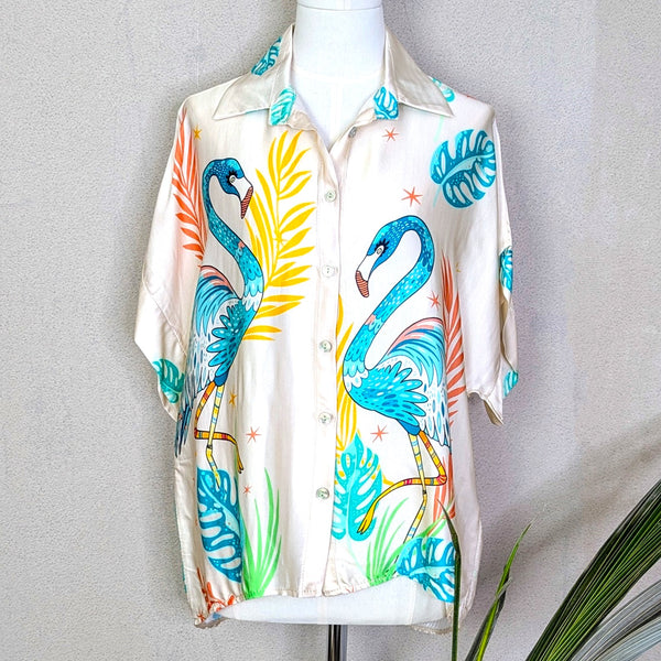 Silk viscose blend luxe button down top with flamingo print on front and back