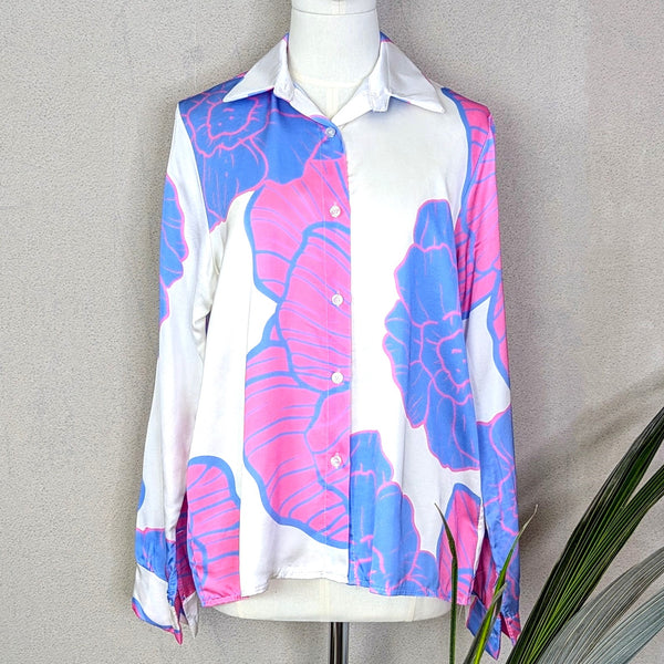 Enlarged flower power viscose satin feel button down shirt