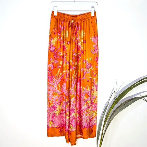 Silk viscose blend straight leg pants with embroidery foliage print and pockets
