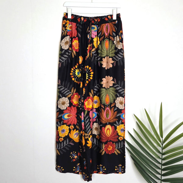 Silk viscose mix straight leg trousers with artisan flower print and pockets