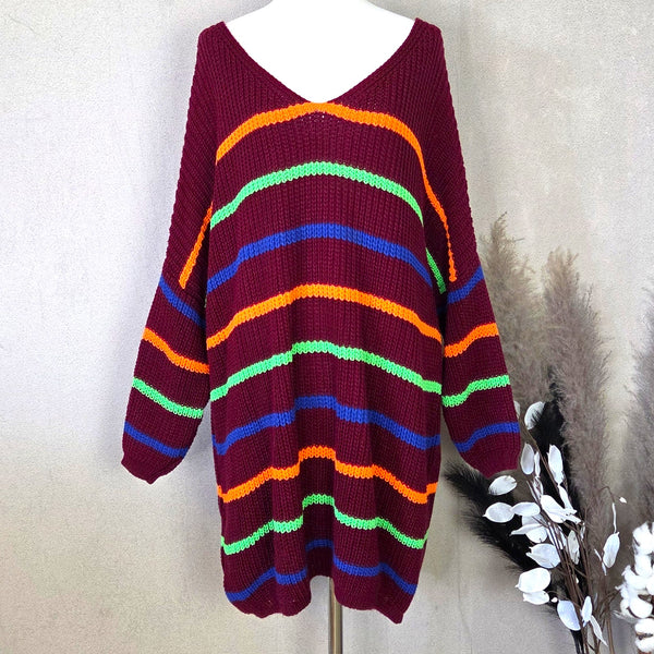 Long length horizontal stripe V-neck jumper