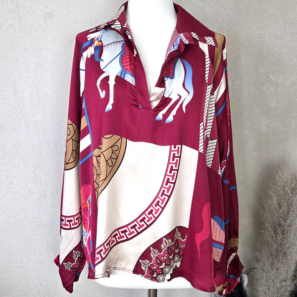 Luxe 'Hermes' style horse print stylish silk viscose blend open neck shirt (M)