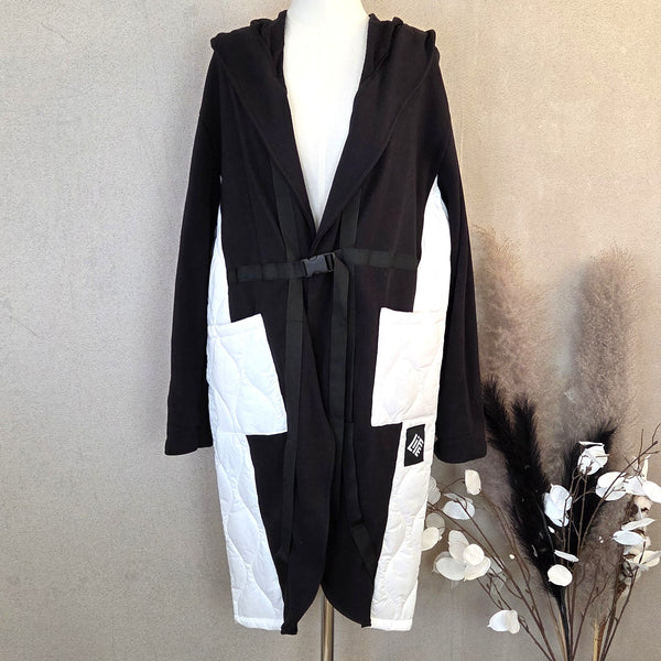 Hooded buckle up Jersey coat with padded sections and pockets (L)