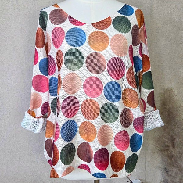 Digital print transitional knitwear top with multi spots (M)