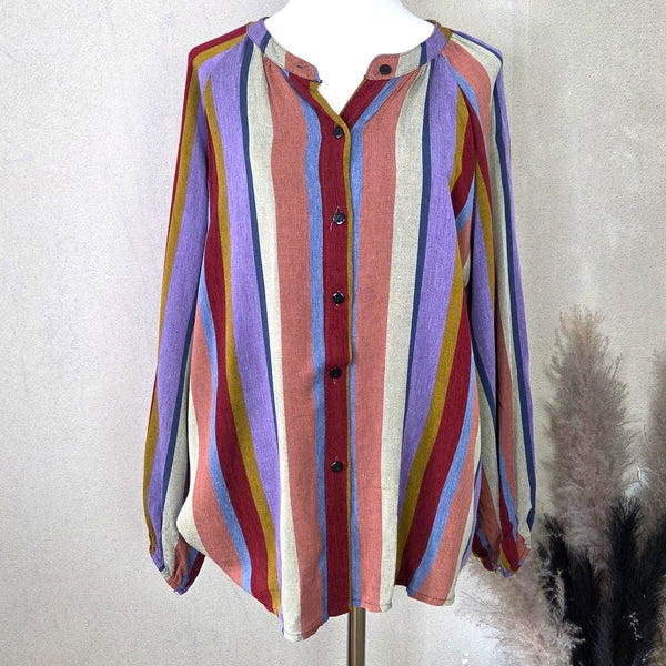 Stripey viscose boho shirt with grandad collar (M)