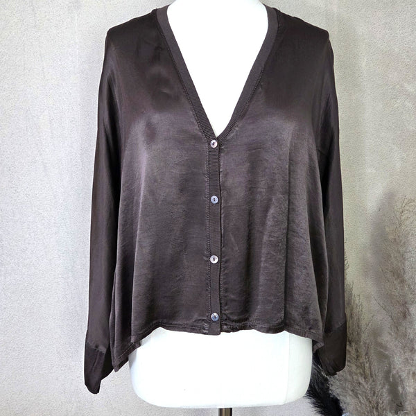Short button down satin cardi / top with relaxed batwing arm