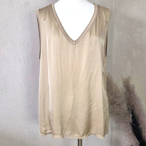 Dressy satin vest tops with gold edge detail on neckline and arm