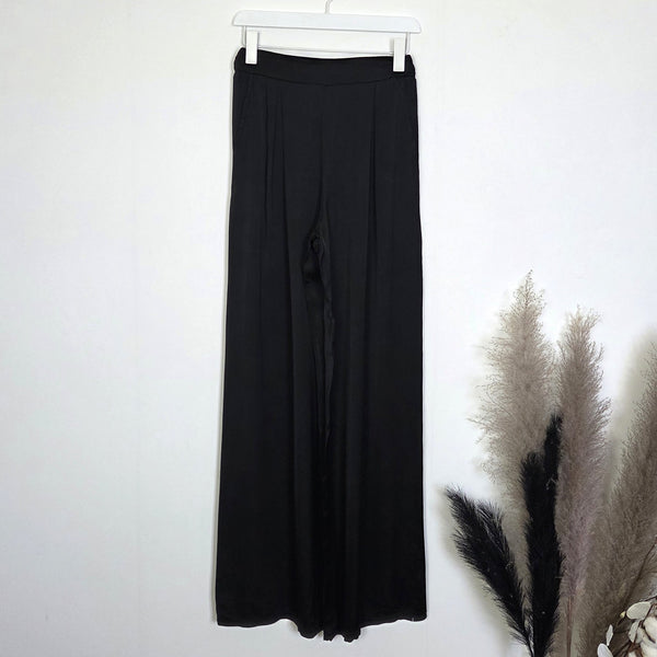 Classy pinch pleat satin straight leg trousers with elastic back and pockets