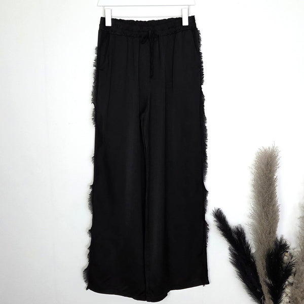 Straight leg viscose satin feel trousers with raw edge detail (M-L)