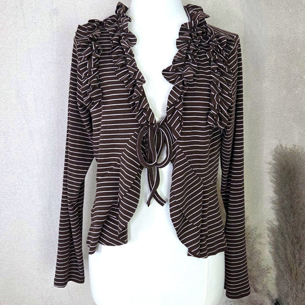 Pin stripe stretchy cropped cardigan with frill neckline and tie front (S-M)