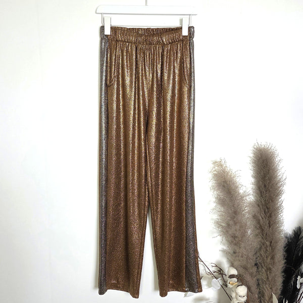 Straight leg subtle metallic stretchy trousers with pewter stripe and pockets (S-M)