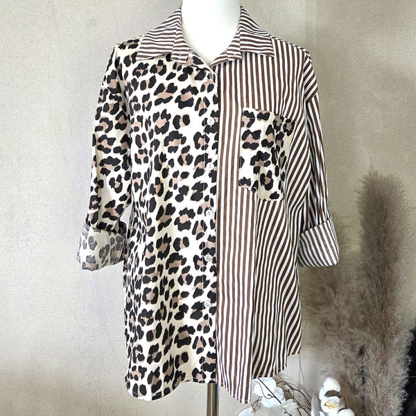 Stripe and animal print high lo shirt (M)