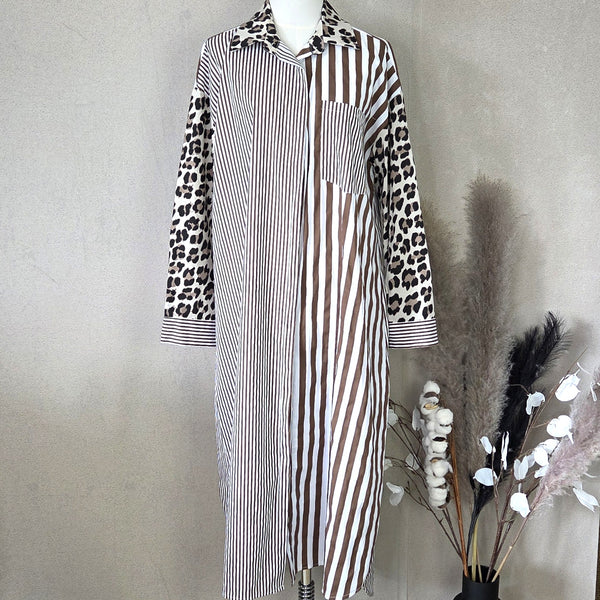 Cotton mix stripe and animal print multi pattern longline shirt dress (M-L)