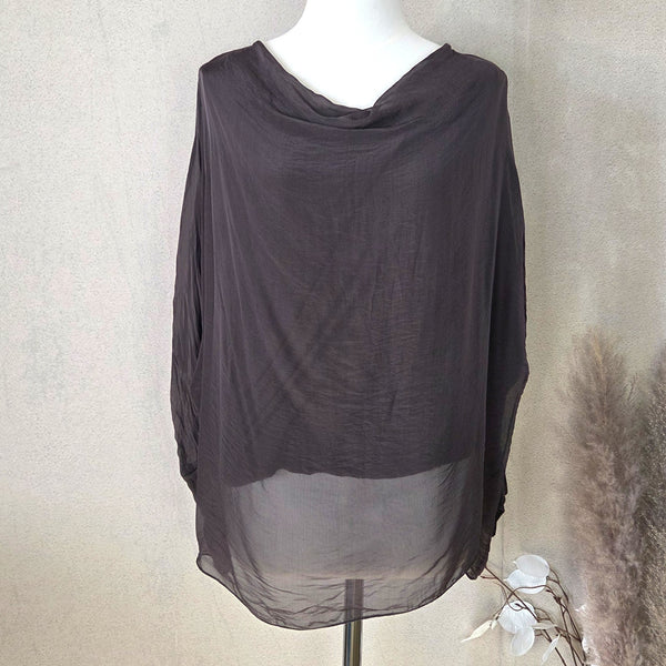 Silk blend boxy top with draped neckline (M)