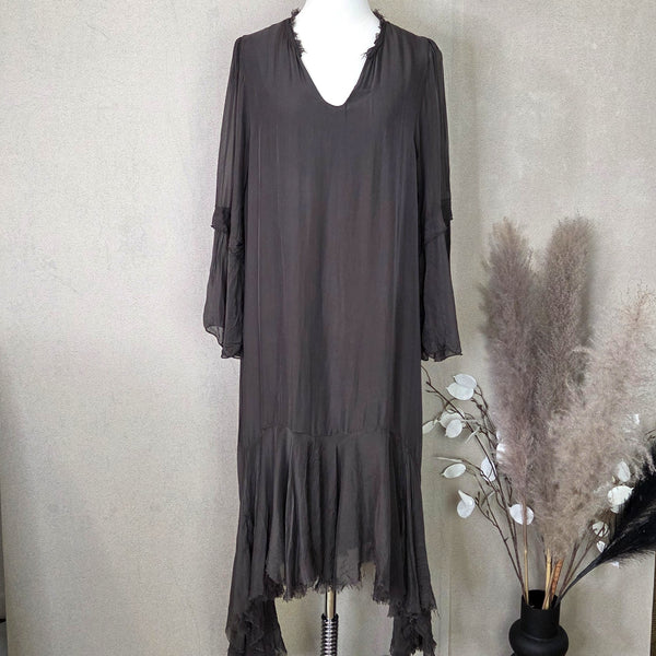 Silk blend boho dress with a hi-lo raw edge hem and fluted sleeve detail (M-L)