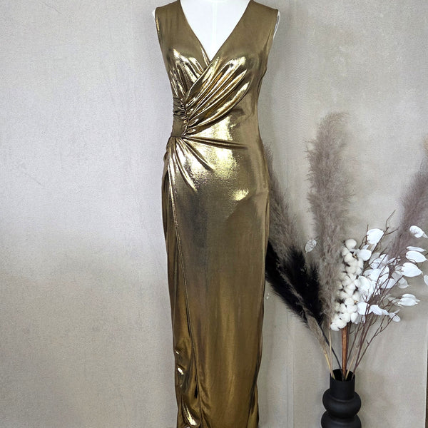 Figure hugging metallic evening dress with sexy split and ruched side detail (S-M)