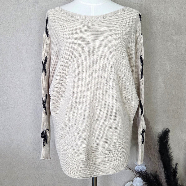 Batwing ribbed jumper with threaded ribbon detail on arms (M)