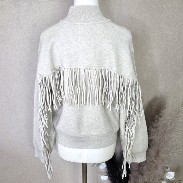 Stylish knitted jacket with patch pockets and tassel detail on arms and back (S-M)