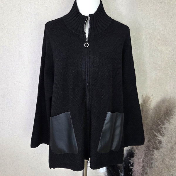 Luxe hi-lo cardi with ribbed neckline and PU patch pockets (M-L)