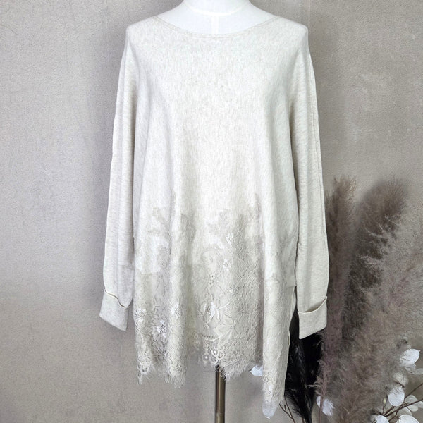 Angora mix fine knit hi lo jumper with unique lace incorporated detail on front (M-L)