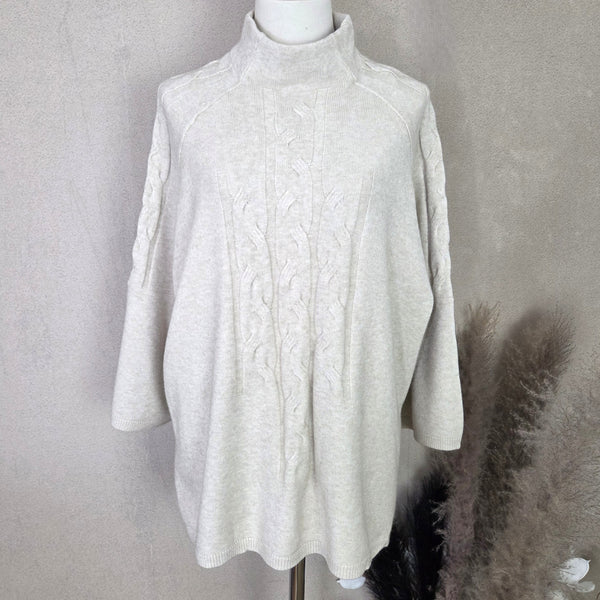 Long line turtle neck hi-lo jumper with central cable knit detail and cropped sleeves (M-L)