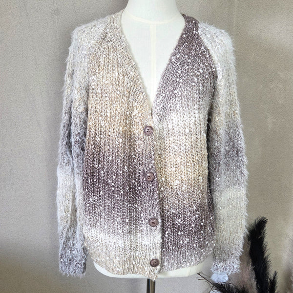Dual knit cardigan with fleck body and fur effect sleeves (S-M)