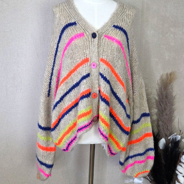 Warm polyamide mix stripey cardi with colour buttons (M-L)
