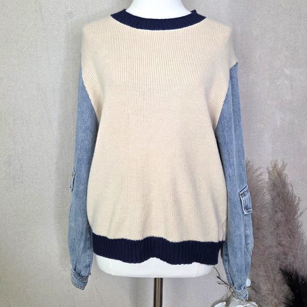 Two tone knitted bodice jumper with denim sleeves (M)