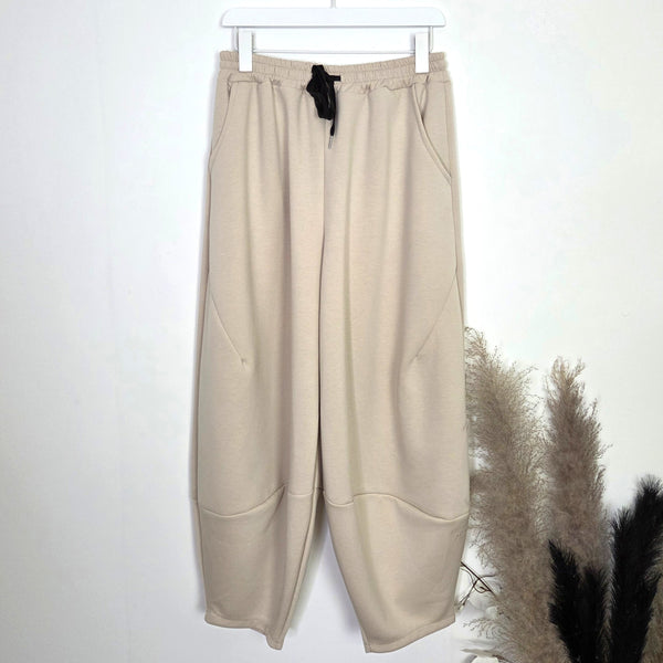 Soft scuba fabric cocoon pants with pockets and drawstring waist