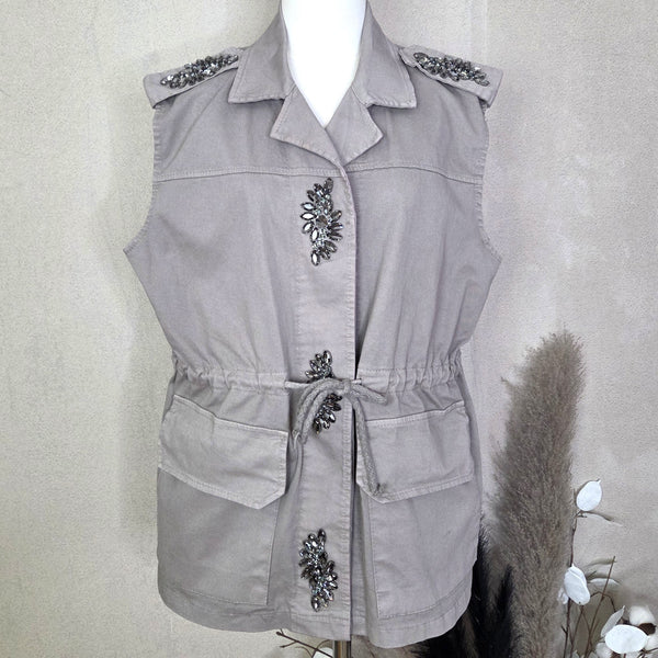 Cotton utility style sleeveless jacket with black diamond gem detail on front and shoulders