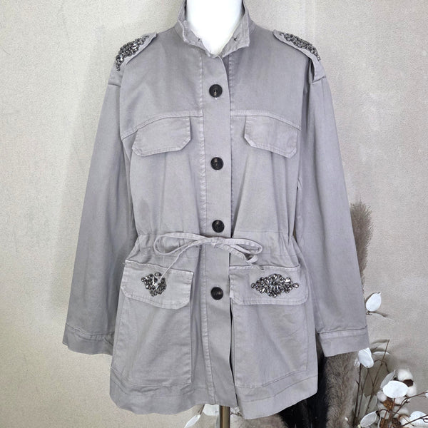 Cotton utility style jacket with black diamond gem detail on pockets and shoulders (M)