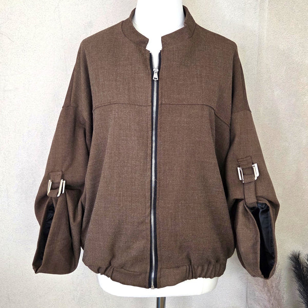 Substantial classy bomber style jacket with silver hardware on sleeve (M-L)